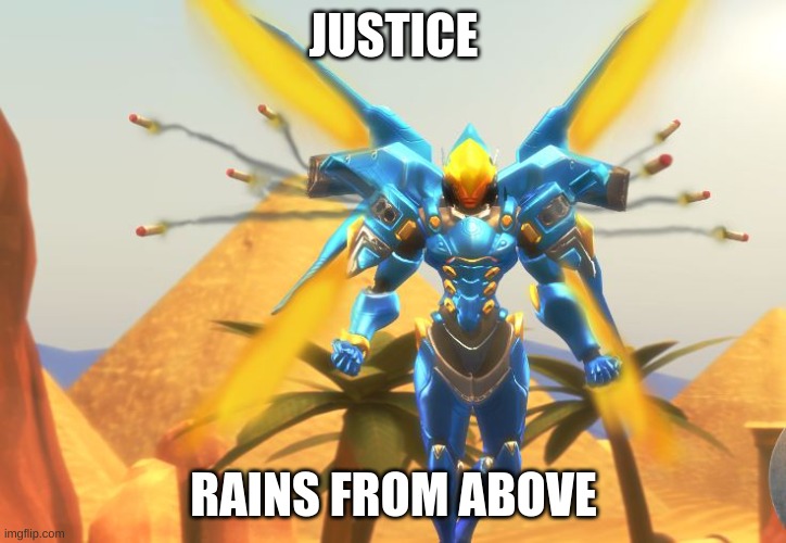 Pharah | JUSTICE RAINS FROM ABOVE | image tagged in pharah | made w/ Imgflip meme maker