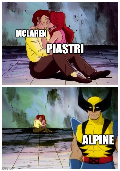 Couple makes out while Wolverine looks disappointed | PIASTRI; MCLAREN; ALPINE | image tagged in couple makes out while wolverine looks disappointed | made w/ Imgflip meme maker