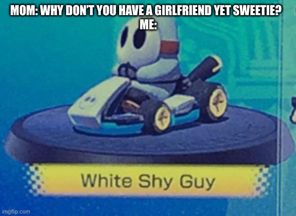 White shy guy | MOM: WHY DON’T YOU HAVE A GIRLFRIEND YET SWEETIE?  
ME: | image tagged in white shy guy | made w/ Imgflip meme maker