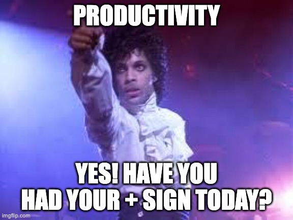 Prince | PRODUCTIVITY; YES! HAVE YOU HAD YOUR + SIGN TODAY? | image tagged in prince | made w/ Imgflip meme maker