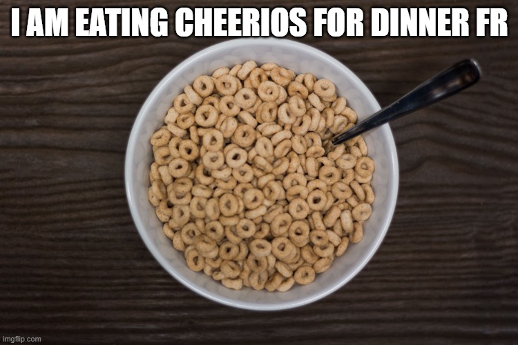 Bowl of Cheerios | I AM EATING CHEERIOS FOR DINNER FR | image tagged in bowl of cheerios | made w/ Imgflip meme maker