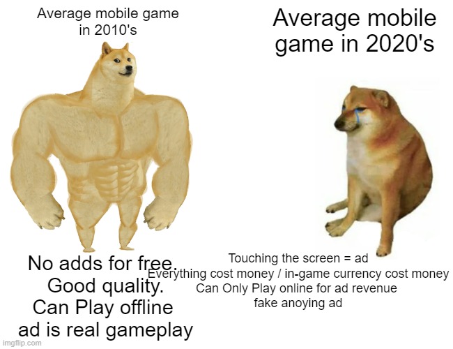 mobile games be like | Average mobile game
in 2010's; Average mobile game in 2020's; Touching the screen = ad
Everything cost money / in-game currency cost money
Can Only Play online for ad revenue 
fake anoying ad; No adds for free. 
Good quality.
Can Play offline 
ad is real gameplay | image tagged in memes,buff doge vs cheems | made w/ Imgflip meme maker