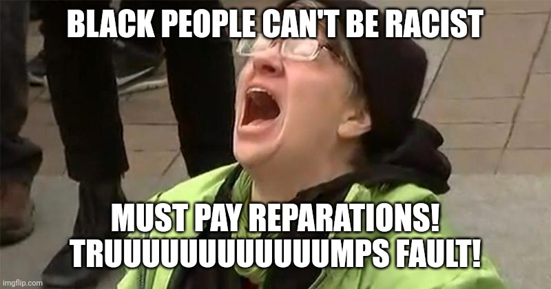crying liberal | BLACK PEOPLE CAN'T BE RACIST MUST PAY REPARATIONS!
TRUUUUUUUUUUUUMPS FAULT! | image tagged in crying liberal | made w/ Imgflip meme maker