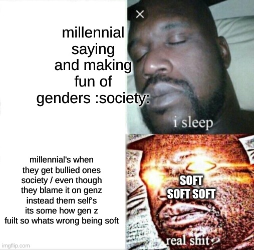 Sleeping Shaq | millennial saying and making fun of genders :society:; millennial's when they get bullied ones society / even though they blame it on genz instead them self's its some how gen z fuilt so whats wrong being soft; SOFT SOFT SOFT | image tagged in memes,sleeping shaq | made w/ Imgflip meme maker