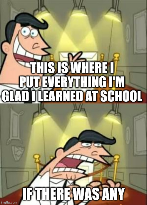 This Is Where I'd Put My Trophy If I Had One | THIS IS WHERE I PUT EVERYTHING I'M GLAD I LEARNED AT SCHOOL; IF THERE WAS ANY | image tagged in memes,this is where i'd put my trophy if i had one | made w/ Imgflip meme maker