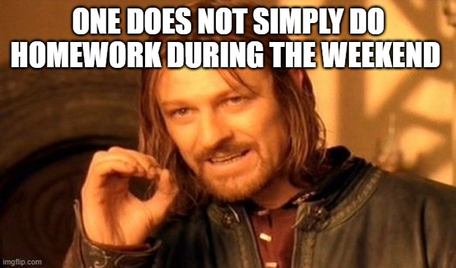 school  shit | ONE DOES NOT SIMPLY DO HOMEWORK DURING THE WEEKEND | image tagged in memes,one does not simply | made w/ Imgflip meme maker
