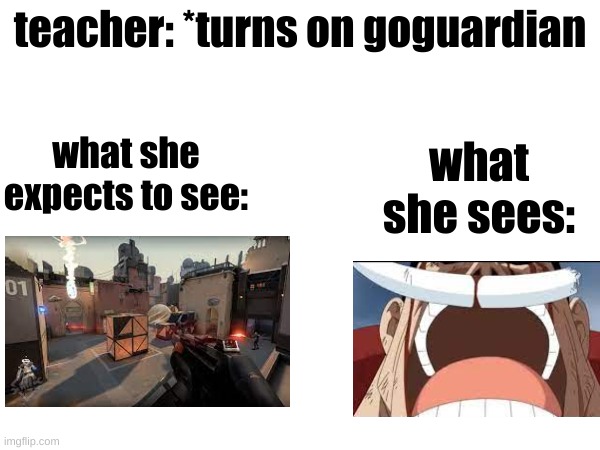 THE ONE PIECE IS REALLLL | teacher: *turns on goguardian; what she expects to see:; what she sees: | image tagged in goguardian | made w/ Imgflip meme maker
