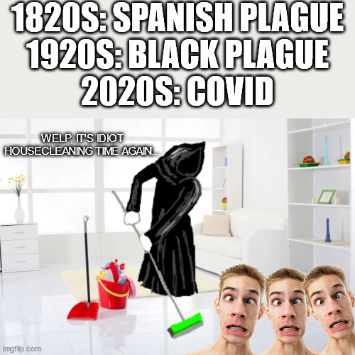 Every time it hits... | 1820S: SPANISH PLAGUE
1920S: BLACK PLAGUE
2020S: COVID; WELP, IT'S IDIOT HOUSECLEANING TIME AGAIN... | image tagged in clean house,death,idiots,darwin award | made w/ Imgflip meme maker