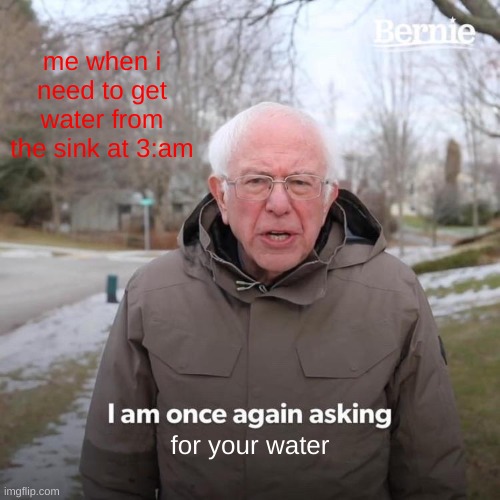 i am once again asking for your water. | me when i need to get water from the sink at 3:am; for your water | image tagged in memes,bernie i am once again asking for your support | made w/ Imgflip meme maker