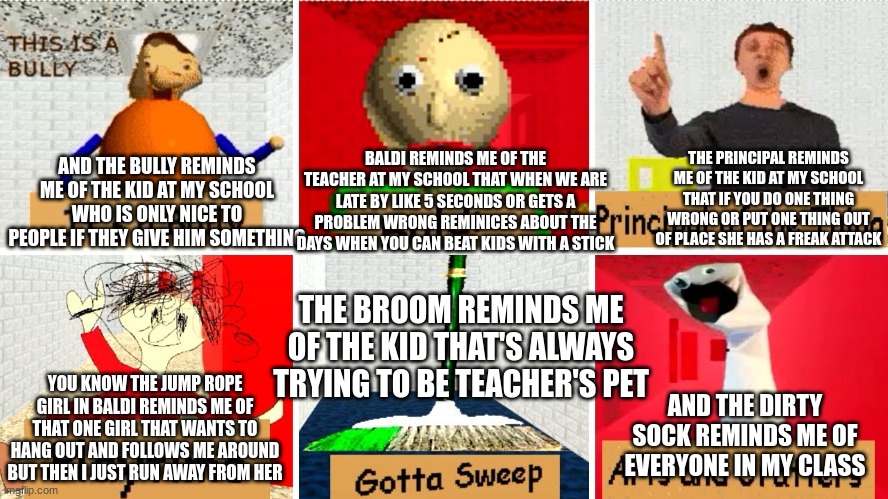 baldi's basics at school be like | AND THE BULLY REMINDS ME OF THE KID AT MY SCHOOL WHO IS ONLY NICE TO PEOPLE IF THEY GIVE HIM SOMETHING; BALDI REMINDS ME OF THE TEACHER AT MY SCHOOL THAT WHEN WE ARE LATE BY LIKE 5 SECONDS OR GETS A PROBLEM WRONG REMINICES ABOUT THE DAYS WHEN YOU CAN BEAT KIDS WITH A STICK; THE PRINCIPAL REMINDS ME OF THE KID AT MY SCHOOL THAT IF YOU DO ONE THING WRONG OR PUT ONE THING OUT OF PLACE SHE HAS A FREAK ATTACK; THE BROOM REMINDS ME OF THE KID THAT'S ALWAYS TRYING TO BE TEACHER'S PET; YOU KNOW THE JUMP ROPE GIRL IN BALDI REMINDS ME OF THAT ONE GIRL THAT WANTS TO HANG OUT AND FOLLOWS ME AROUND BUT THEN I JUST RUN AWAY FROM HER; AND THE DIRTY SOCK REMINDS ME OF EVERYONE IN MY CLASS | image tagged in baldi's basics | made w/ Imgflip meme maker