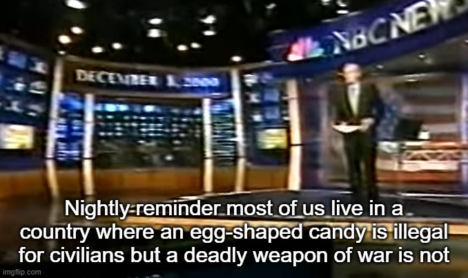 December 8, 2000 | Nightly reminder most of us live in a country where an egg-shaped candy is illegal for civilians but a deadly weapon of war is not | image tagged in december 8 2000 | made w/ Imgflip meme maker