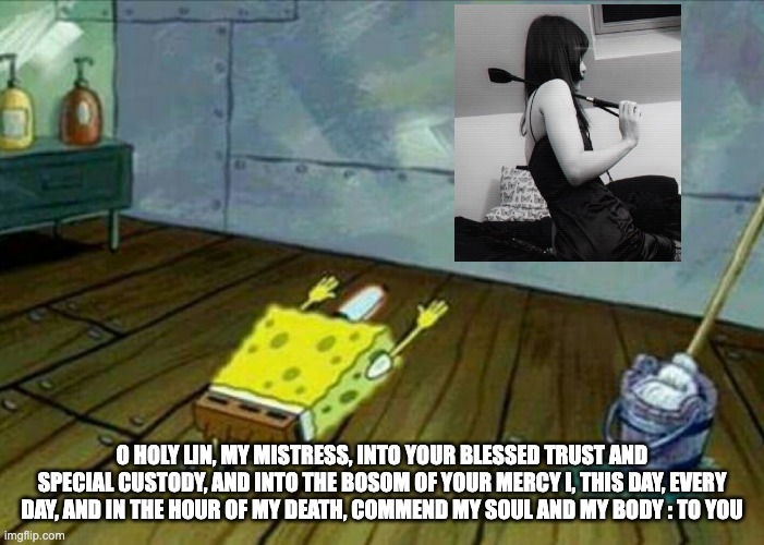 Spongebob bow down | O HOLY LIN, MY MISTRESS, INTO YOUR BLESSED TRUST AND SPECIAL CUSTODY, AND INTO THE BOSOM OF YOUR MERCY I, THIS DAY, EVERY DAY, AND IN THE HOUR OF MY DEATH, COMMEND MY SOUL AND MY BODY : TO YOU | image tagged in spongebob bow down | made w/ Imgflip meme maker
