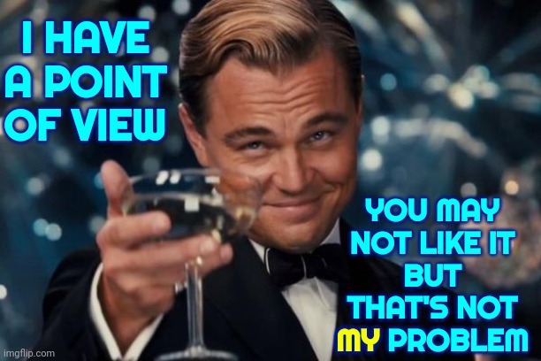 You Don't Have To Like It And Probably Don't But You Don't Have The Right To Silence Opposing Opinions | YOU MAY NOT LIKE IT
BUT THAT'S NOT MY PROBLEM; I HAVE A POINT OF VIEW; MY | image tagged in memes,leonardo dicaprio cheers,asshat,censorship,imgflip mods,unpopular opinion | made w/ Imgflip meme maker