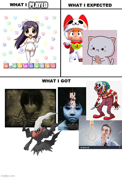 Never trust a neko | PLAYED | image tagged in what i watched/ what i expected/ what i got,lomando,horror games | made w/ Imgflip meme maker