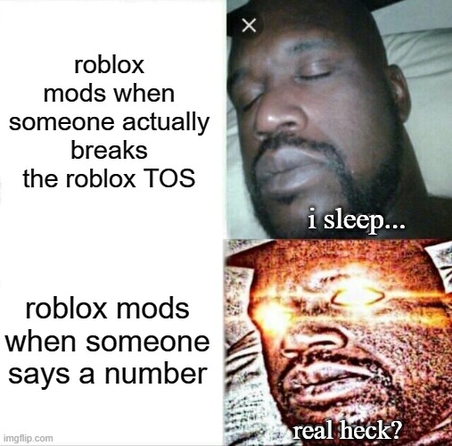 DoNt YoU KnOw hOw MuCh pErSoNaL iNfOrMaTiOn yOu cAn gIvE OuT uSiNg nUmBeRs?? | roblox mods when someone actually breaks the roblox TOS; i sleep... roblox mods when someone says a number; real heck? | image tagged in memes,sleeping shaq,banned from roblox | made w/ Imgflip meme maker