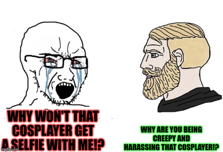 Creeps at cons be like | WHY ARE YOU BEING CREEPY AND HARASSING THAT COSPLAYER!? WHY WON'T THAT COSPLAYER GET A SELFIE WITH ME!? | image tagged in soyboy vs yes chad,memes,cosplay | made w/ Imgflip meme maker