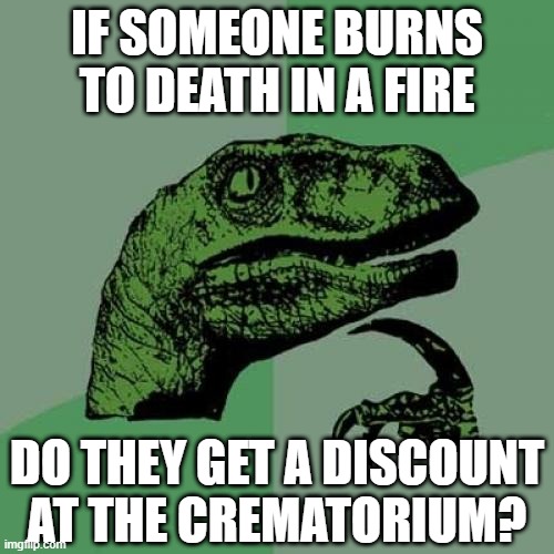 Good Question | IF SOMEONE BURNS TO DEATH IN A FIRE; DO THEY GET A DISCOUNT AT THE CREMATORIUM? | image tagged in memes,philosoraptor | made w/ Imgflip meme maker