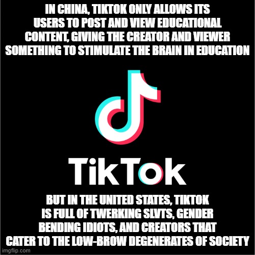 Gee, I wonder why that is? When you download TikTok you're allowing China to invade your space. | IN CHINA, TIKTOK ONLY ALLOWS ITS USERS TO POST AND VIEW EDUCATIONAL CONTENT, GIVING THE CREATOR AND VIEWER SOMETHING TO STIMULATE THE BRAIN IN EDUCATION; BUT IN THE UNITED STATES, TIKTOK IS FULL OF TWERKING SLVTS, GENDER BENDING IDIOTS, AND CREATORS THAT CATER TO THE LOW-BROW DEGENERATES OF SOCIETY | image tagged in tiktok logo,china,spies,enemy | made w/ Imgflip meme maker