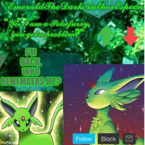 Emerald's Announce Temp | I'M BACK, WHO REMEMBERS ME? | image tagged in emerald's announce temp | made w/ Imgflip meme maker