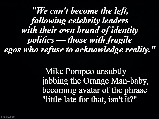 Black background | "We can't become the left, following celebrity leaders with their own brand of identity politics — those with fragile egos who refuse to acknowledge reality."; -Mike Pompeo unsubtly jabbing the Orange Man-baby, becoming avatar of the phrase "little late for that, isn't it?" | image tagged in black background | made w/ Imgflip meme maker