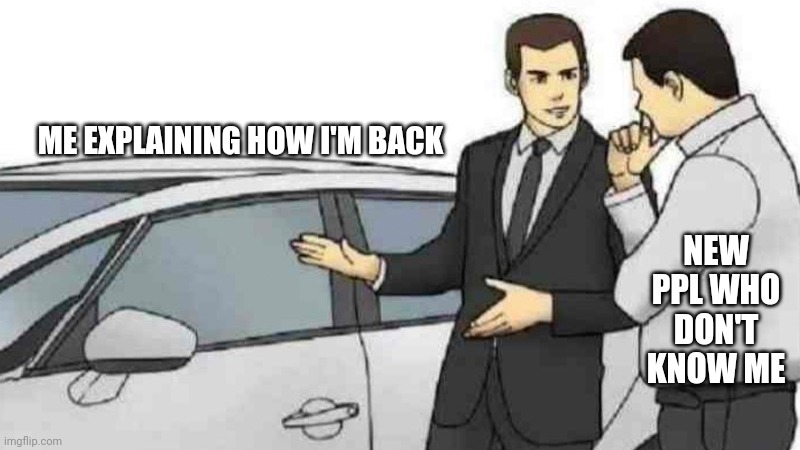 Hi? | ME EXPLAINING HOW I'M BACK; NEW PPL WHO DON'T KNOW ME | image tagged in memes,car salesman slaps roof of car | made w/ Imgflip meme maker