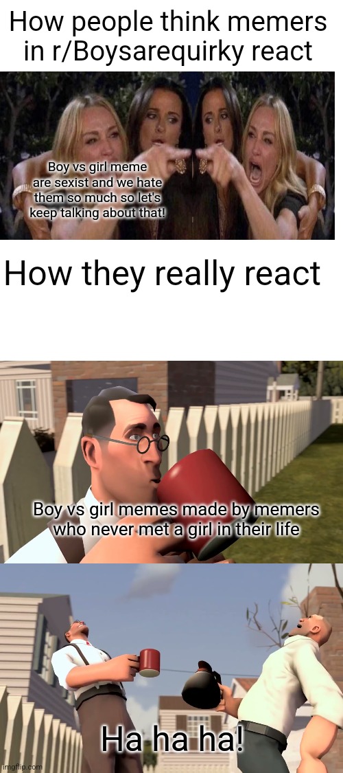 r/boysarequirky is actually making fun of boy vs girl memes most of the time | How people think memers in r/Boysarequirky react; Boy vs girl meme are sexist and we hate them so much so let's keep talking about that! How they really react; Boy vs girl memes made by memers who never met a girl in their life; Ha ha ha! | image tagged in blank white template,boys vs girls,reddit,imgflip,memes | made w/ Imgflip meme maker