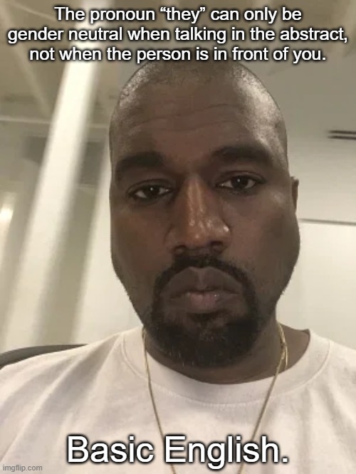 Kanye is disappointed in you. | The pronoun “they” can only be gender neutral when talking in the abstract, not when the person is in front of you. Basic English. | made w/ Imgflip meme maker