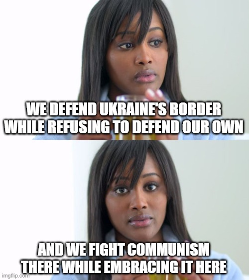 Black Woman Drinking Tea (2 Panels) | WE DEFEND UKRAINE'S BORDER WHILE REFUSING TO DEFEND OUR OWN AND WE FIGHT COMMUNISM THERE WHILE EMBRACING IT HERE | image tagged in black woman drinking tea 2 panels | made w/ Imgflip meme maker