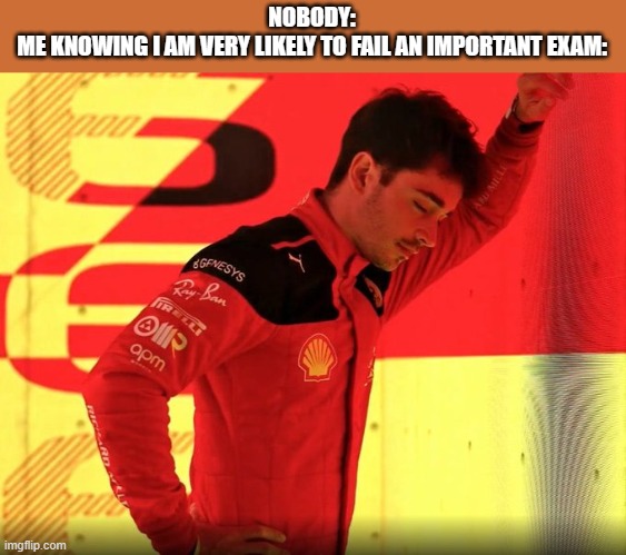 Leclerc F1 2023 | NOBODY:
ME KNOWING I AM VERY LIKELY TO FAIL AN IMPORTANT EXAM: | image tagged in leclerc f1 2023 | made w/ Imgflip meme maker