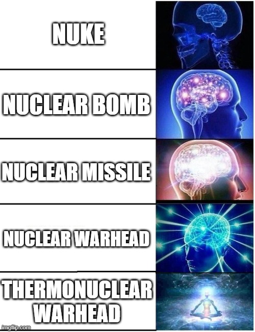 Expanding Brain 5 Panel | NUKE; NUCLEAR BOMB; NUCLEAR MISSILE; NUCLEAR WARHEAD; THERMONUCLEAR WARHEAD | image tagged in expanding brain 5 panel | made w/ Imgflip meme maker