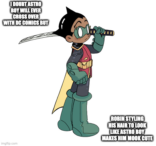 Robin With Astro Boy Hair | I DOUBT ASTRO BOY WILL EVER CROSS OVER WITH DC COMICS BUT; ROBIN STYLING HIS HAIR TO LOOK LIKE ASTRO BOY MAKES HIM MOOK CUTE | image tagged in astro boy,robin,dc comics,memes | made w/ Imgflip meme maker