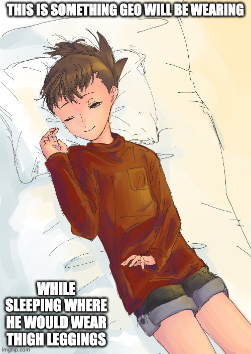 Geo Sleeping in an Alternative Attire | THIS IS SOMETHING GEO WILL BE WEARING; WHILE SLEEPING WHERE HE WOULD WEAR THIGH LEGGINGS | image tagged in geo stelar,megaman,megaman star force,memes | made w/ Imgflip meme maker