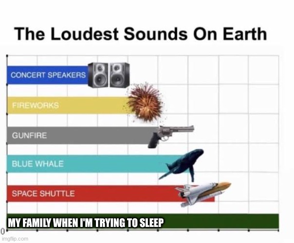 The Loudest Sounds on Earth | MY FAMILY WHEN I'M TRYING TO SLEEP | image tagged in the loudest sounds on earth | made w/ Imgflip meme maker