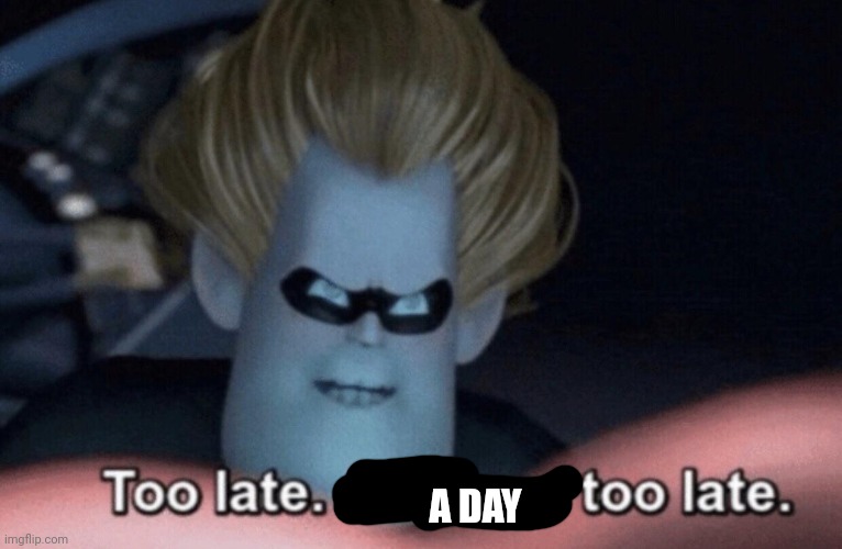 Too Late | A DAY | image tagged in too late | made w/ Imgflip meme maker