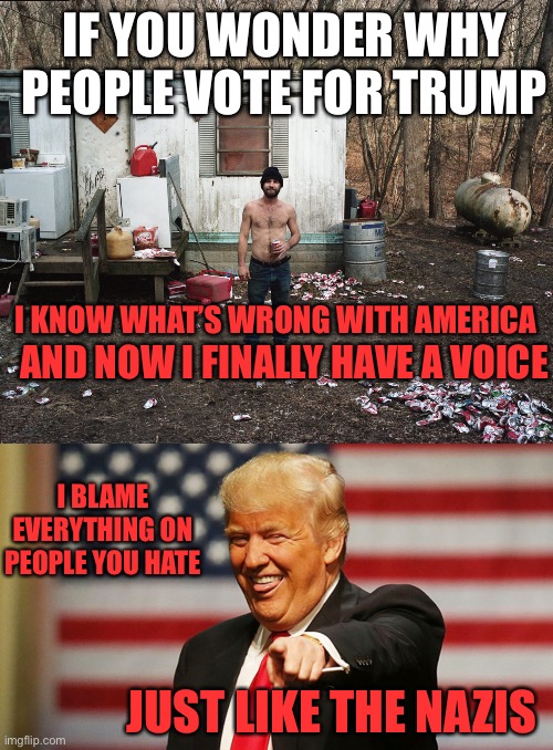 IF YOU WONDER WHY PEOPLE VOTE FOR TRUMP; AND NOW I FINALLY HAVE A VOICE; I KNOW WHAT’S WRONG WITH AMERICA; I BLAME EVERYTHING ON PEOPLE YOU HATE; JUST LIKE THE NAZIS | image tagged in trailer trash,trump sucker | made w/ Imgflip meme maker