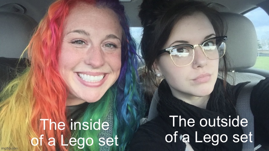 Why are lego sets colorful on the inside? | The inside of a Lego set; The outside of a Lego set | image tagged in rainbow hair and goth,lego,memes,facts,logic | made w/ Imgflip meme maker