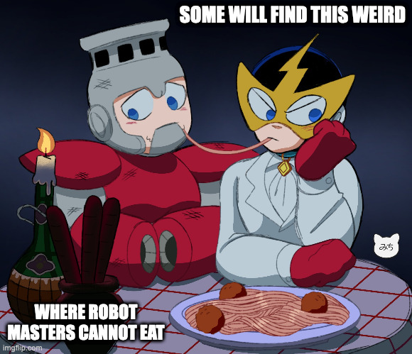 Elec Man and Fire Man Parodying Lady and the Tramp | SOME WILL FIND THIS WEIRD; WHERE ROBOT MASTERS CANNOT EAT | image tagged in lady and the tramp,elecman,fireman,megaman,memes | made w/ Imgflip meme maker