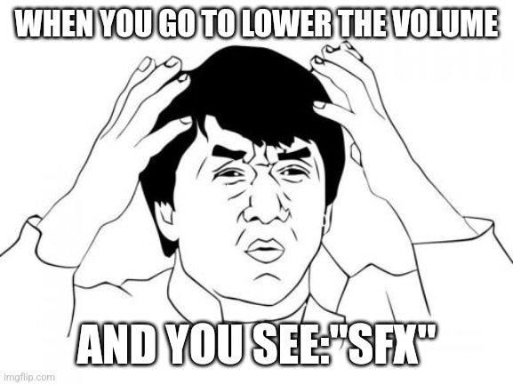Jackie Chan WTF | WHEN YOU GO TO LOWER THE VOLUME; AND YOU SEE:"SFX" | image tagged in memes,jackie chan wtf | made w/ Imgflip meme maker
