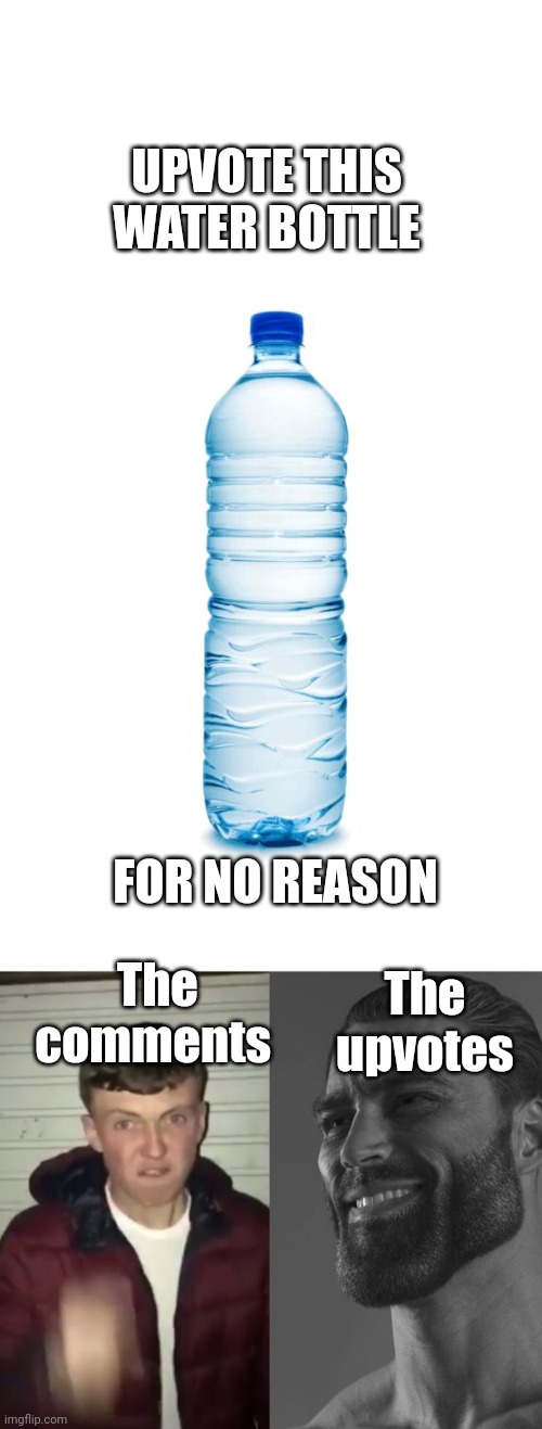 UPVOTE THIS WATER BOTTLE; FOR NO REASON; The comments; The upvotes | image tagged in water bottle,average fan vs average enjoyer,upvote begging,funny,true,so true memes | made w/ Imgflip meme maker
