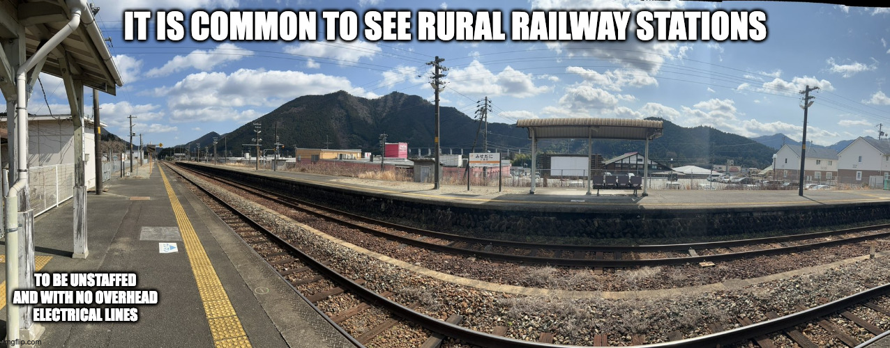 Misedani Railway Station in Japan | IT IS COMMON TO SEE RURAL RAILWAY STATIONS; TO BE UNSTAFFED AND WITH NO OVERHEAD ELECTRICAL LINES | image tagged in public transport,memes | made w/ Imgflip meme maker