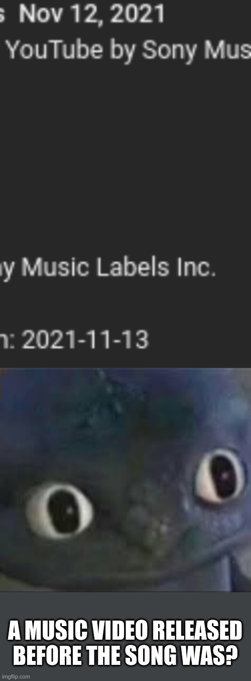 2021-11-13 is Nov. 13 2021 but the music video was released a day before the song was | A MUSIC VIDEO RELEASED BEFORE THE SONG WAS? | image tagged in toothless _ face | made w/ Imgflip meme maker