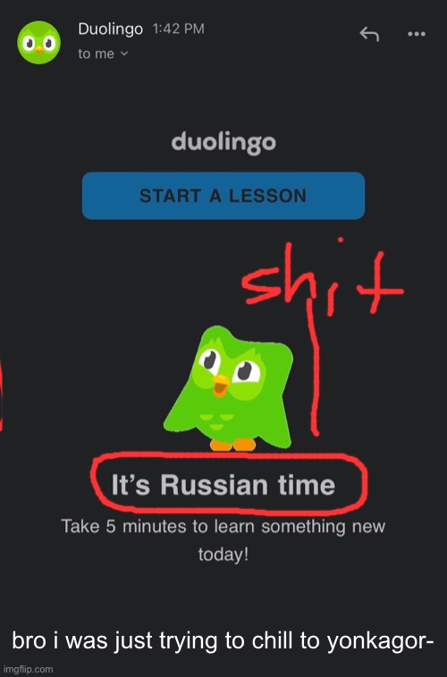 i literally unsubscribed | bro i was just trying to chill to yonkagor- | image tagged in russia,duolingo,bruh | made w/ Imgflip meme maker