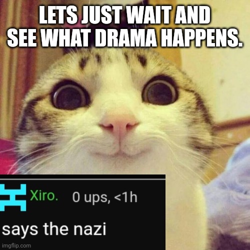 Smiling Cat Meme | LETS JUST WAIT AND SEE WHAT DRAMA HAPPENS. | image tagged in memes,smiling cat | made w/ Imgflip meme maker