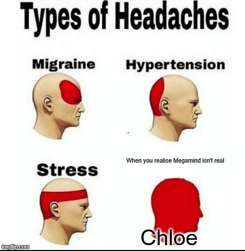 Seriously, this is funny | When you realise Megamind isn't real; Chloe | image tagged in types of headaches meme | made w/ Imgflip meme maker