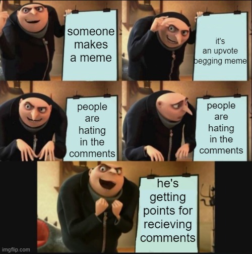he's too smart to be left alive | it's an upvote begging meme; someone makes a meme; people are hating in the comments; people are hating in the comments; he's getting points for recieving comments | image tagged in 5 panel gru meme | made w/ Imgflip meme maker