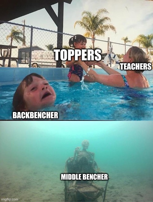 most classrooms | TEACHERS; TOPPERS; BACKBENCHER; MIDDLE BENCHER | image tagged in sinking skeleton | made w/ Imgflip meme maker