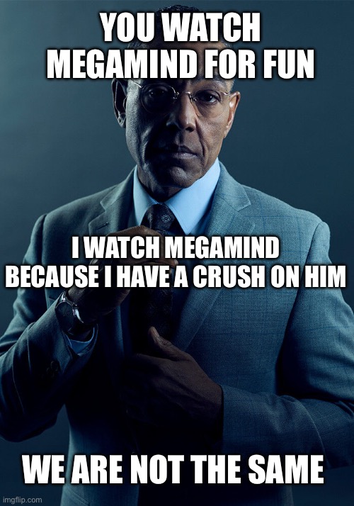 Watching Megamind | YOU WATCH MEGAMIND FOR FUN; I WATCH MEGAMIND BECAUSE I HAVE A CRUSH ON HIM; WE ARE NOT THE SAME | image tagged in gus fring we are not the same | made w/ Imgflip meme maker