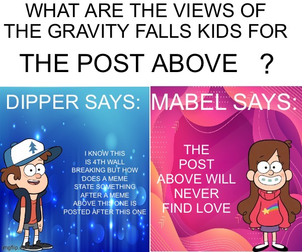 And yes, post above meme | THE POST ABOVE; THE POST ABOVE WILL NEVER FIND LOVE; I KNOW THIS IS 4TH WALL BREAKING BUT HOW DOES A MEME STATE SOMETHING AFTER A MEME ABOVE THIS ONE IS POSTED AFTER THIS ONE | image tagged in dipper/mabel says | made w/ Imgflip meme maker