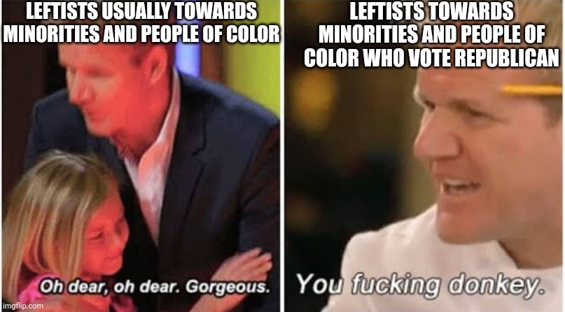 The left think racism is acceptable when it's towards minorities who don't vote for their party | LEFTISTS USUALLY TOWARDS MINORITIES AND PEOPLE OF COLOR; LEFTISTS TOWARDS MINORITIES AND PEOPLE OF COLOR WHO VOTE REPUBLICAN | image tagged in gordon ramsay kids vs adults,racism,liberal hypocrisy,democrats | made w/ Imgflip meme maker