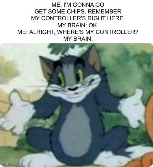 Every freakin time | ME: I'M GONNA GO GET SOME CHIPS, REMEMBER MY CONTROLLER'S RIGHT HERE.
MY BRAIN: OK.
ME: ALRIGHT, WHERE'S MY CONTROLLER?
MY BRAIN: | image tagged in tom shrugging | made w/ Imgflip meme maker